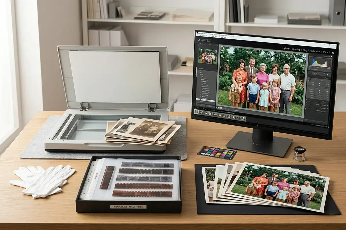 Old photographs, film strips, and a monitor displaying a restored image in a clean archival workspace