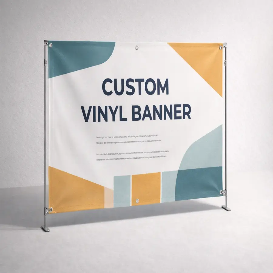 A vinyl banner displayed in a clean event-style mockup