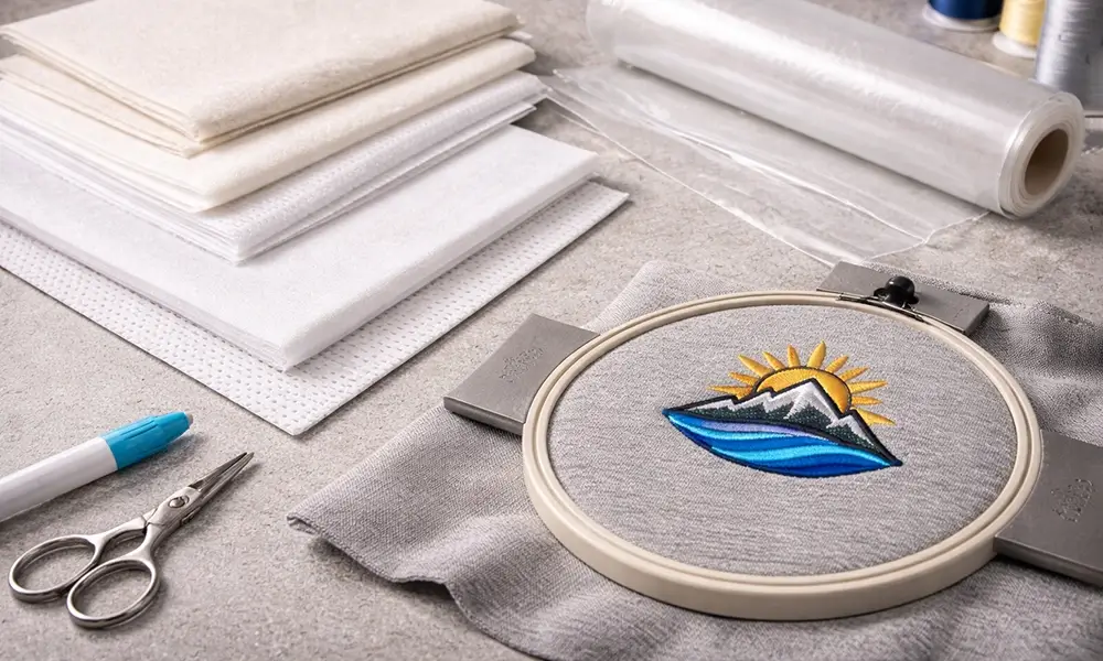 Embroidery stabilizer backings and topping materials displayed beside stitched fabric samples to show support options