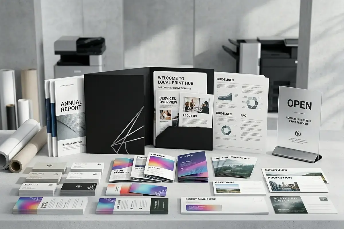 Business printing package with brochures, postcards, business cards, presentation folders, rack cards, and signage samples