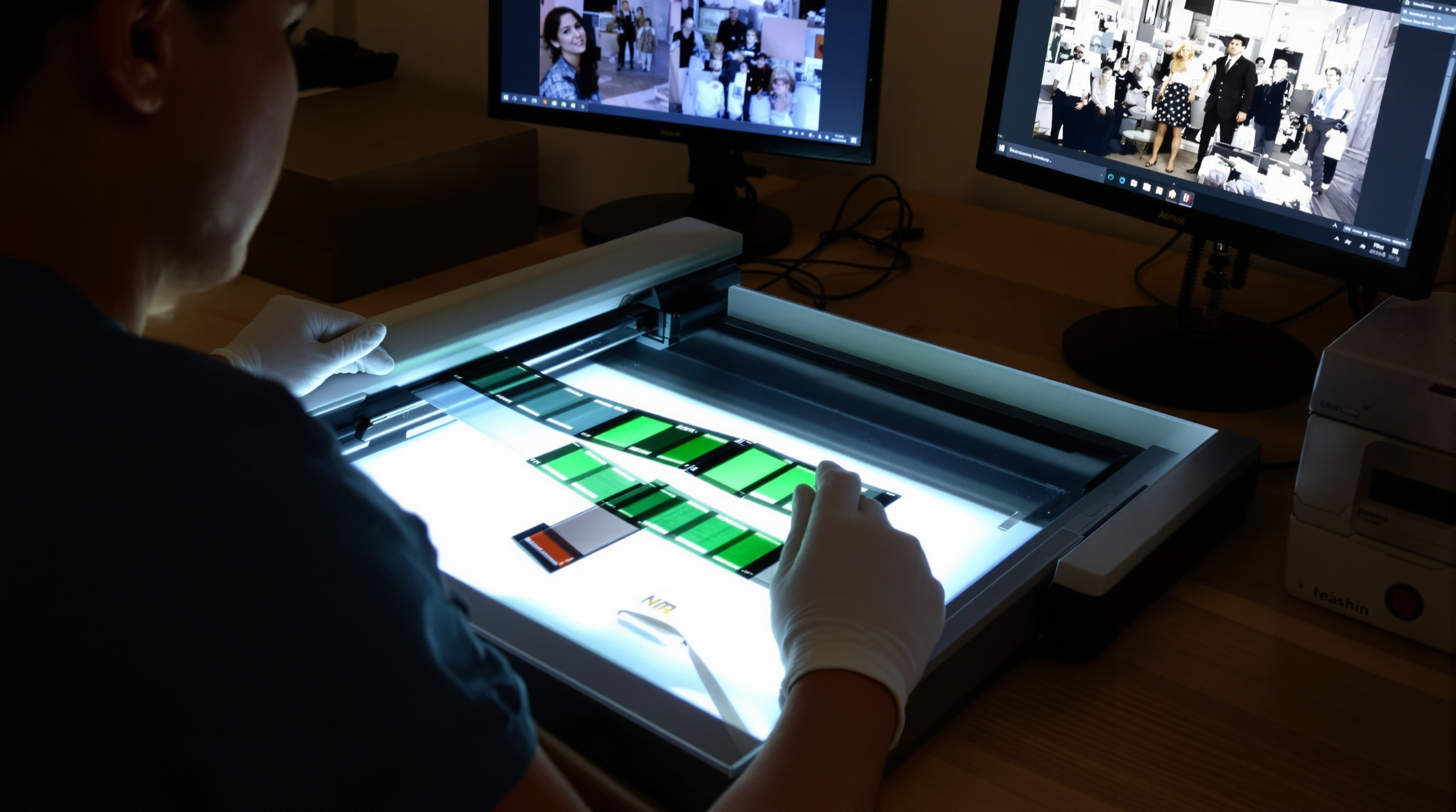 A person carefully handling film negatives with white cotton gloves, placing them on a professional film scanner. Nearby is an illuminated light table showing vintage family photographs, a computer screen displaying the digitized high-resolution image bein