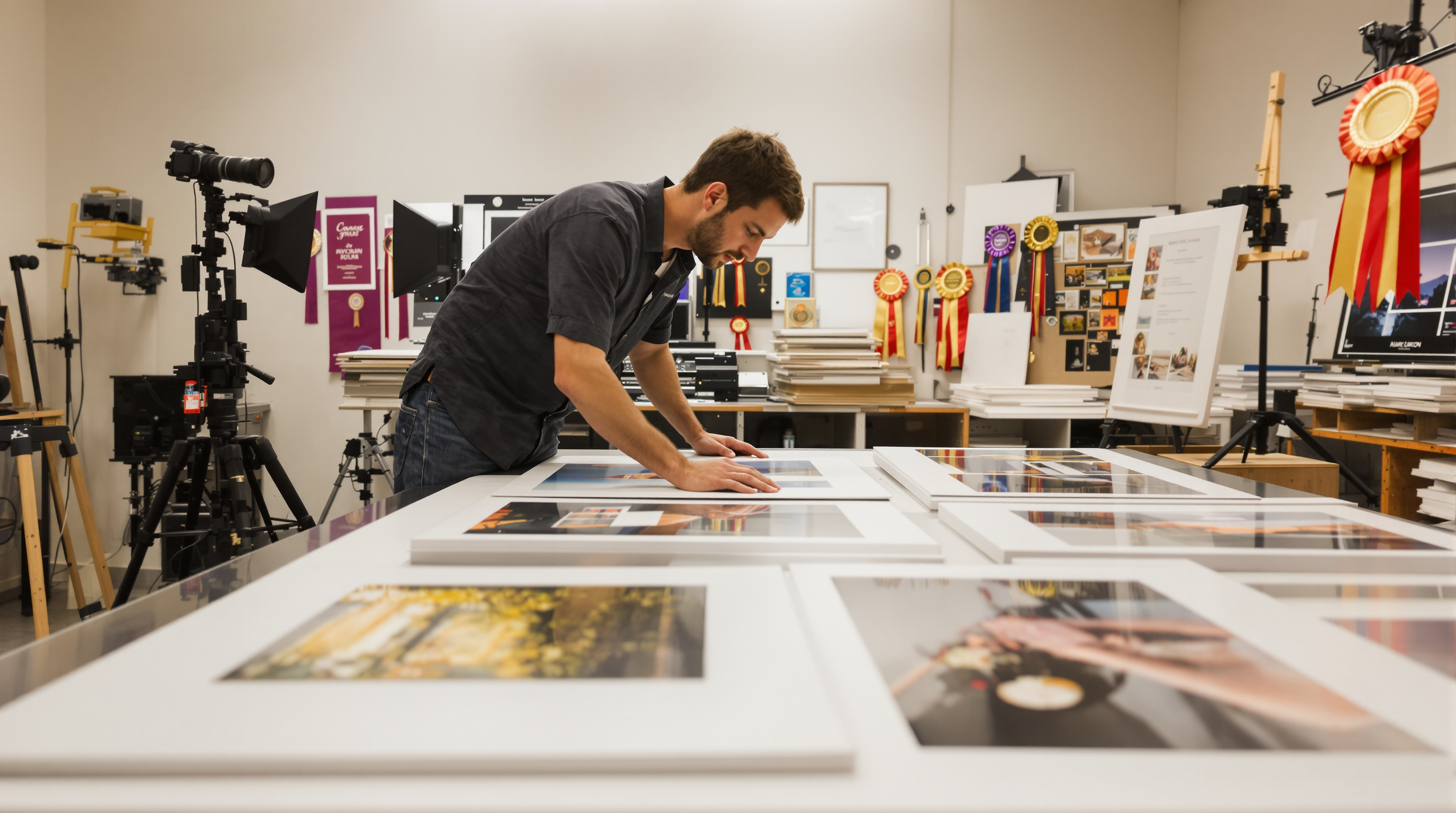 Professional photographer reviewing fine art prints on table in studio with award ribbons and equipment in background