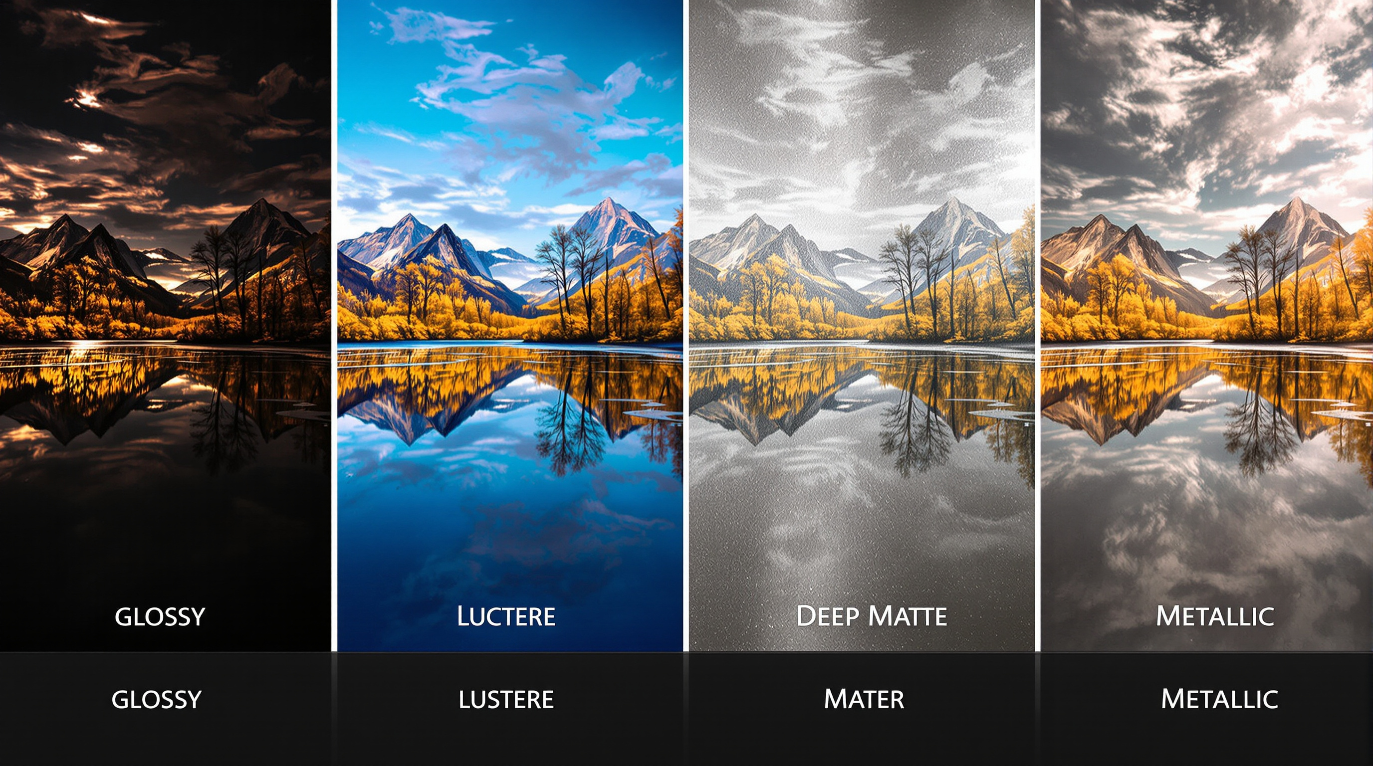Professional photography studio display showing comparison of different photo print finishes side by side - glossy, lustre, deep matte, and metallic prints of the same colorful landscape photograph under studio lighting, demonstrating the unique reflective