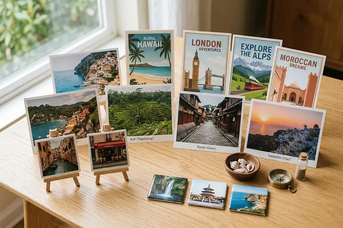Photo prints and postcard-style keepsake prints arranged in a clean modern tabletop setting