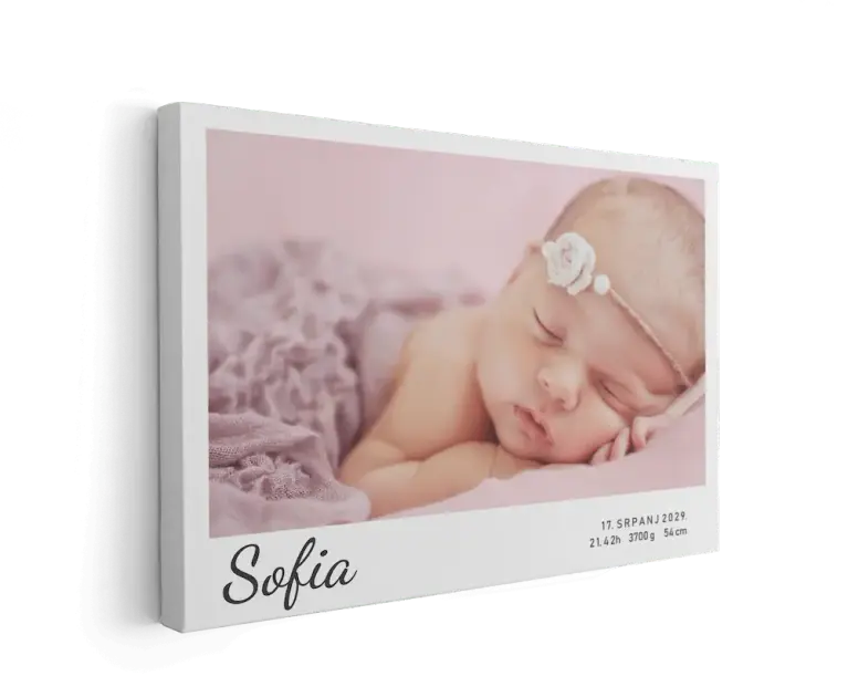 slika na platnu s fotografijom bebe, imenom i datumom rođenja, podacima o težini i dužini – dekoracija za dječju sobu