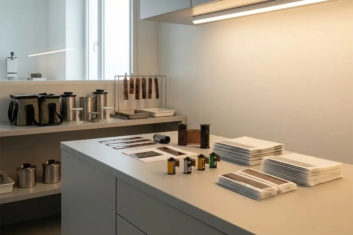 Film developing counter with 35mm and 120 film canisters negatives archival sleeves and a clean professional lab workspace