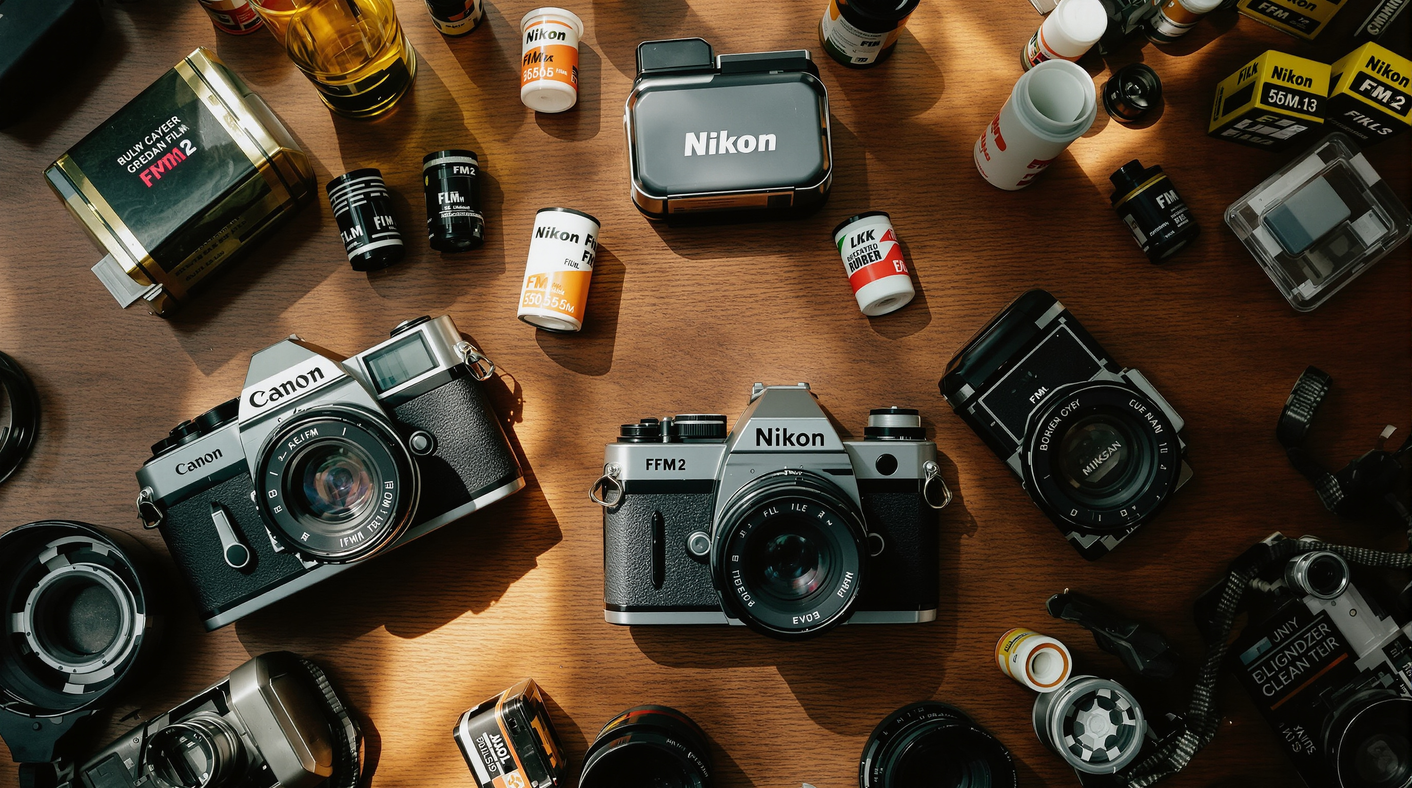 Canon AE-1 and Nikon FM2 vintage 35mm SLR cameras flat lay on wood surface with film rolls and cleaning kit
