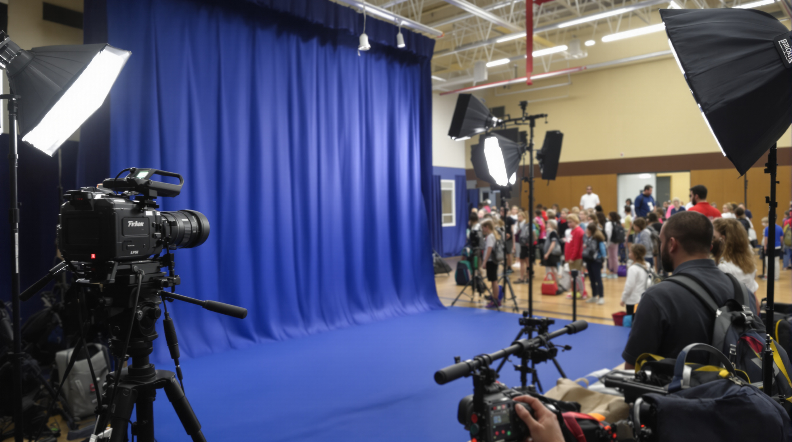Professional photographer setting up portrait station in school gymnasium with studio lights, blue backdrop, and elementary students waiting in line