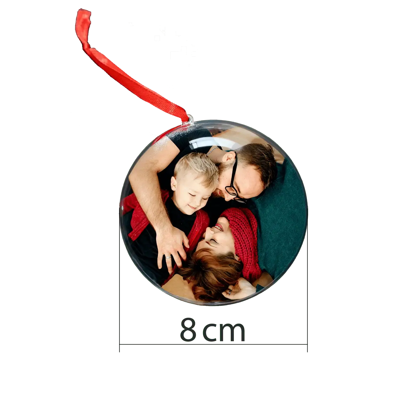 Personalizirana božićna foto kugla promjera 8 cm sa slikom obitelji – unikatni ukras za bor s crvenom vrpcom.
