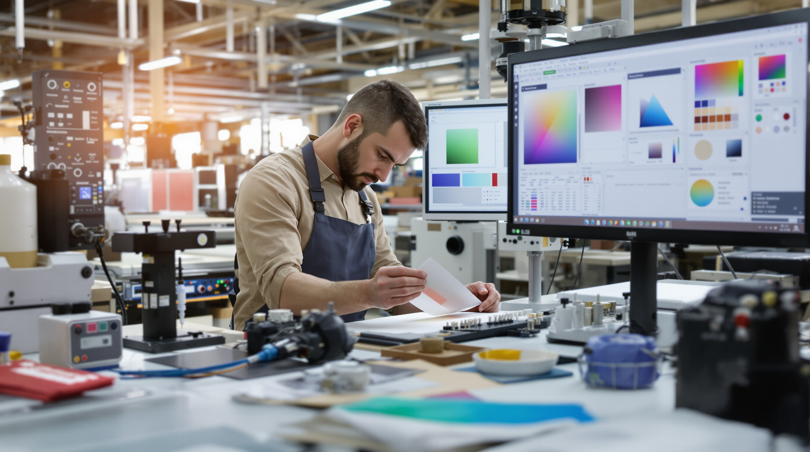 Professional craftsperson examining a color sample in a modern workshop with calibrated monitors displaying color profiles. The scene shows precision tools, detailed production materials, and quality control equipment in a well-organized workflow environme