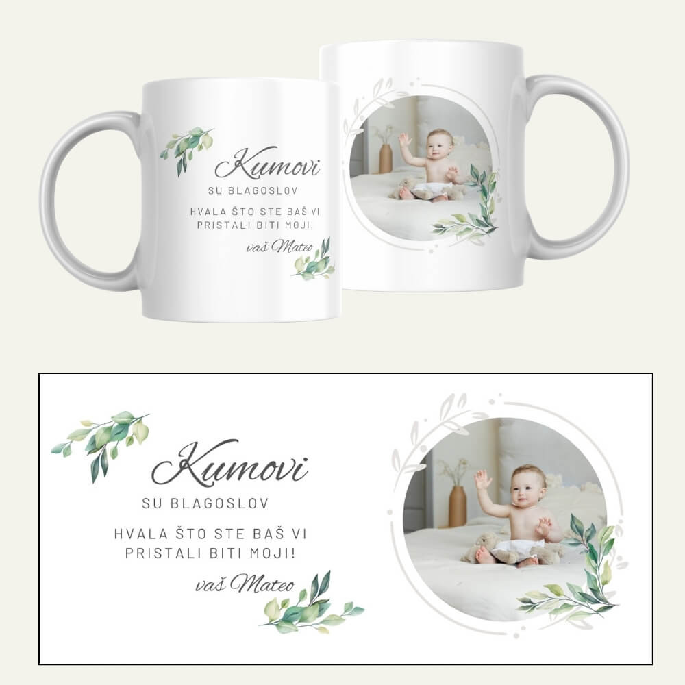 Šalica personalizirana sa fotografijom koja prikazuje tekst kao zahvalu za kumove i sa fotografijom djetete-kumčeta. NJežni floral motivi i čisti elegantan dizajn.