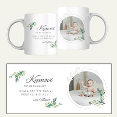 Šalica personalizirana sa fotografijom koja prikazuje tekst kao zahvalu za kumove i sa fotografijom djetete-kumčeta. NJežni floral motivi i čisti elegantan dizajn.