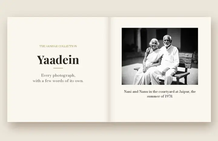 Yaadein caption photo book – open book with a black-and-white photograph and caption