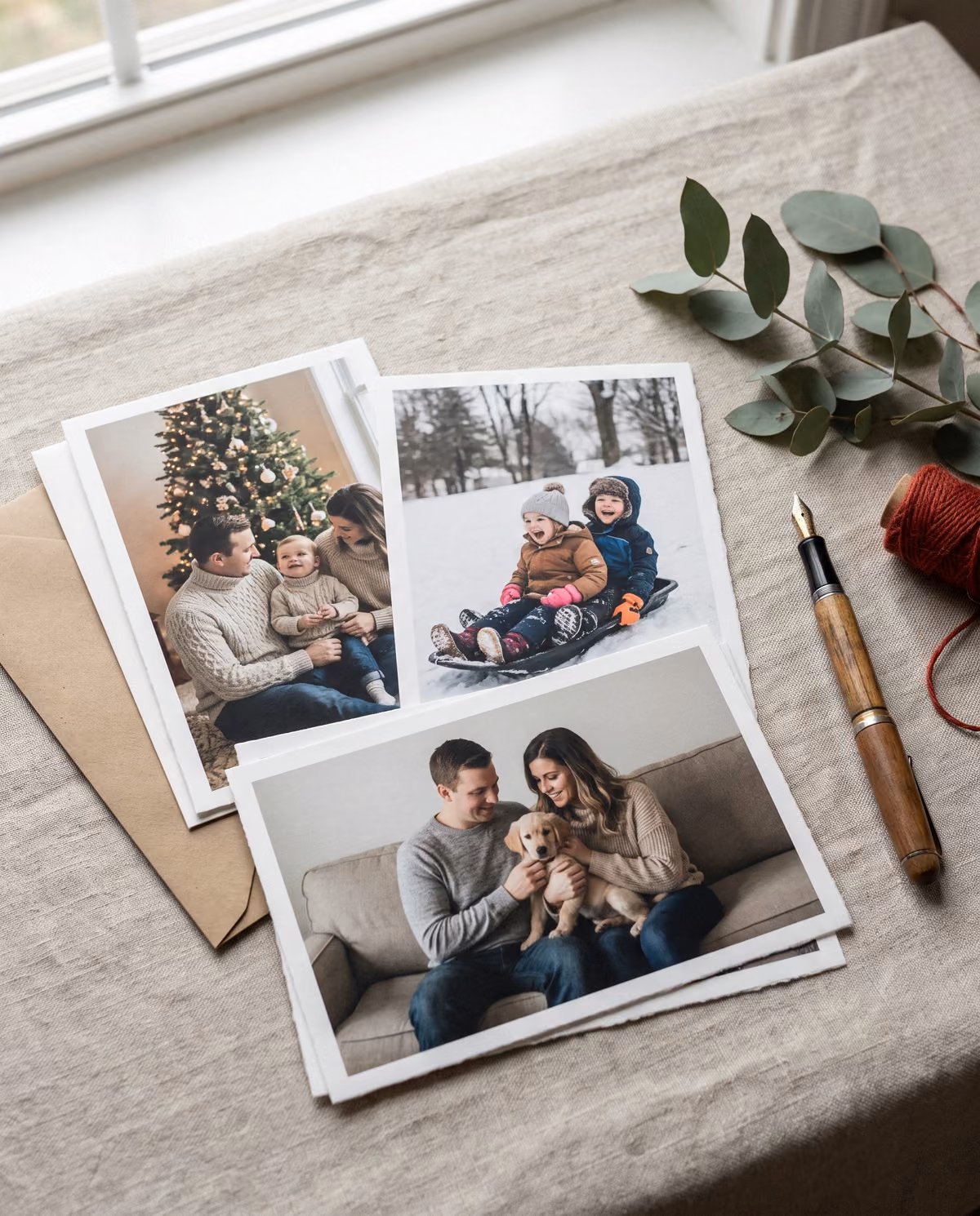 Holiday photo cards with kraft envelopes on linen