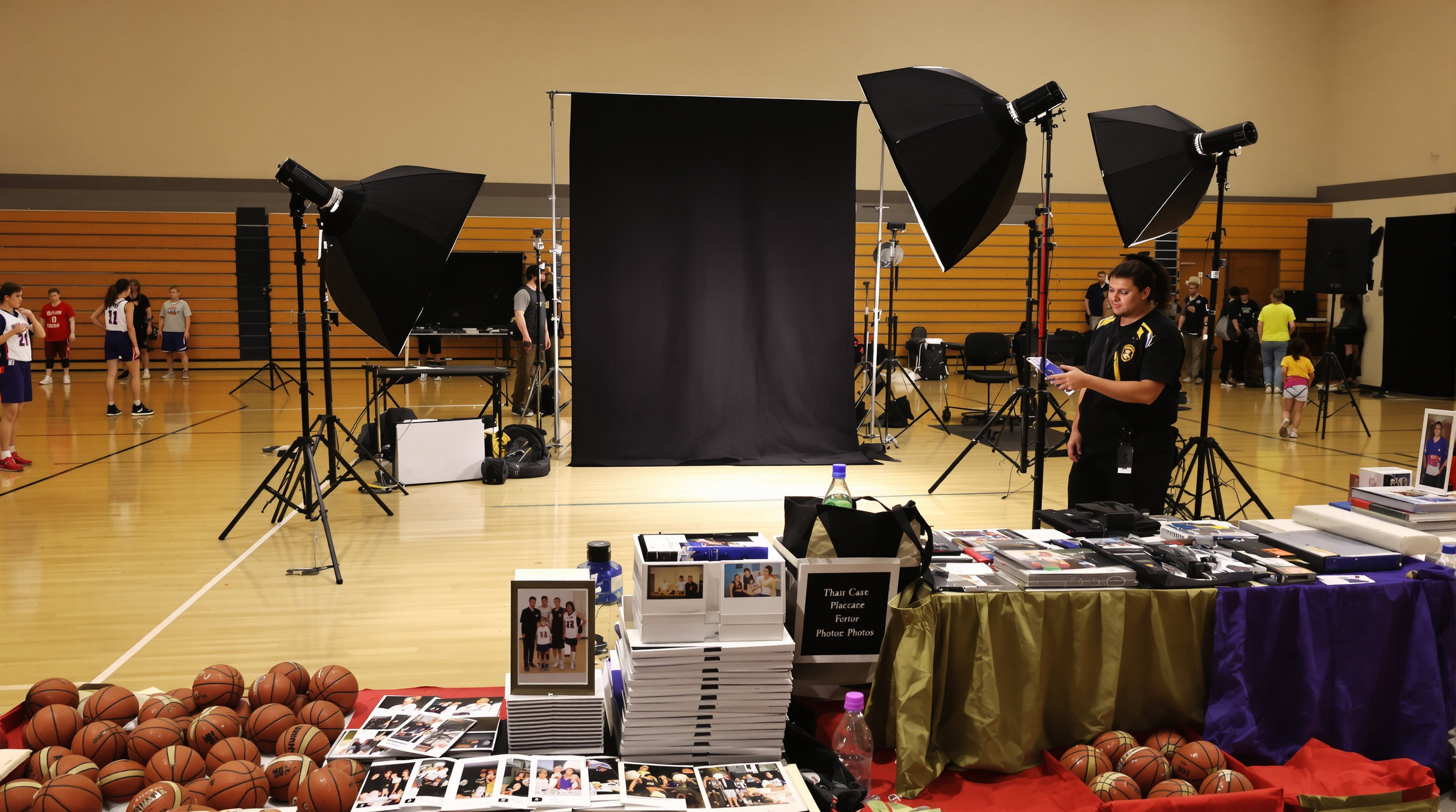 Photographer setting up portrait backdrop with studio lighting in school gym, photo packages displayed on table