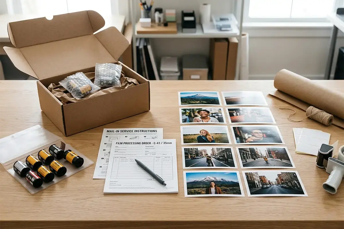 Clean mail-in film and print service kit with film rolls, order materials, and protective packaging on a tabletop