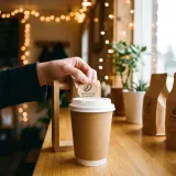 roll of stickers on a coffee cup.   