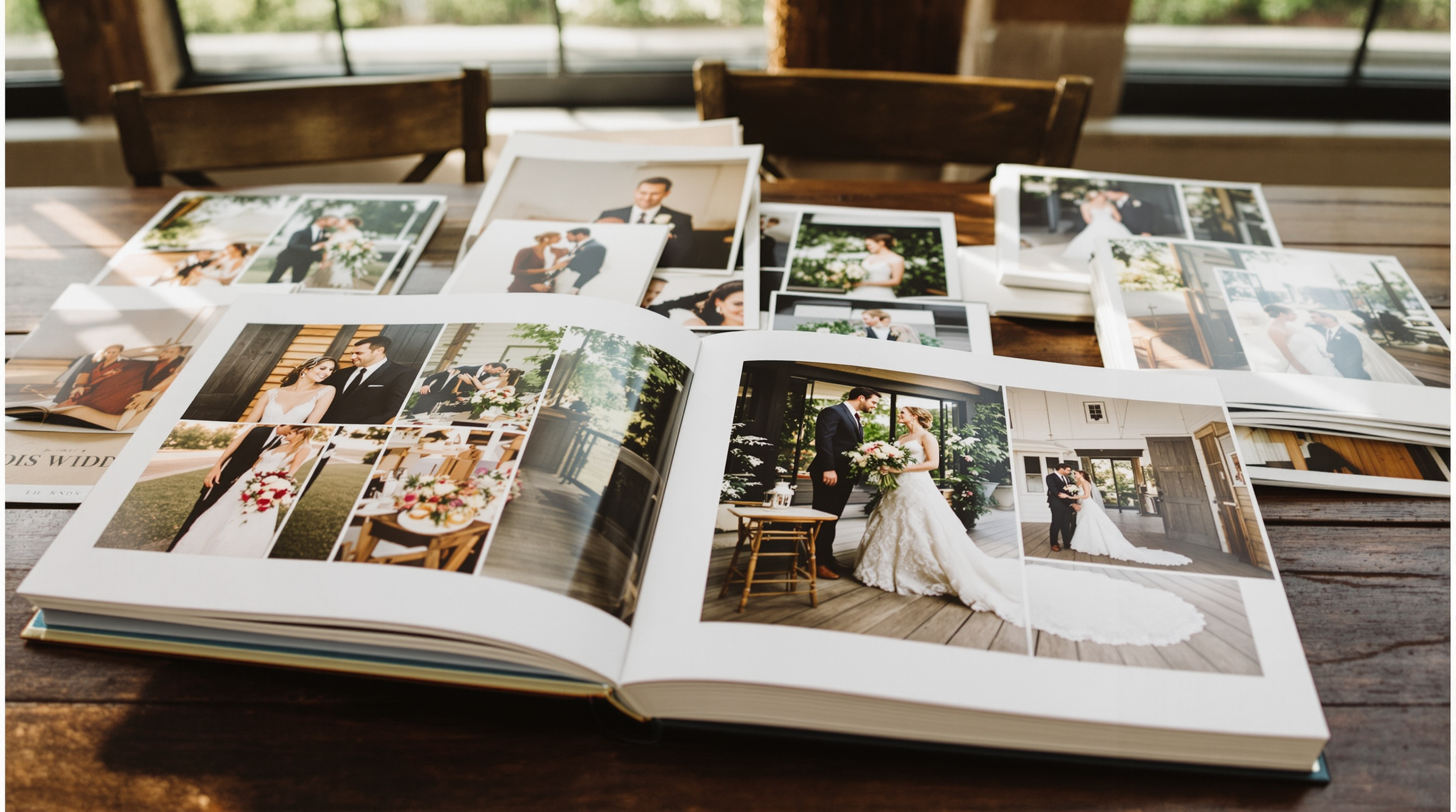 A beautifully crafted custom wedding photo album open on a rustic wooden table, surrounded by elegant printed wedding photos, soft natural light streaming through a window, warm and romantic atmosphere, Louisville Kentucky aesthetic