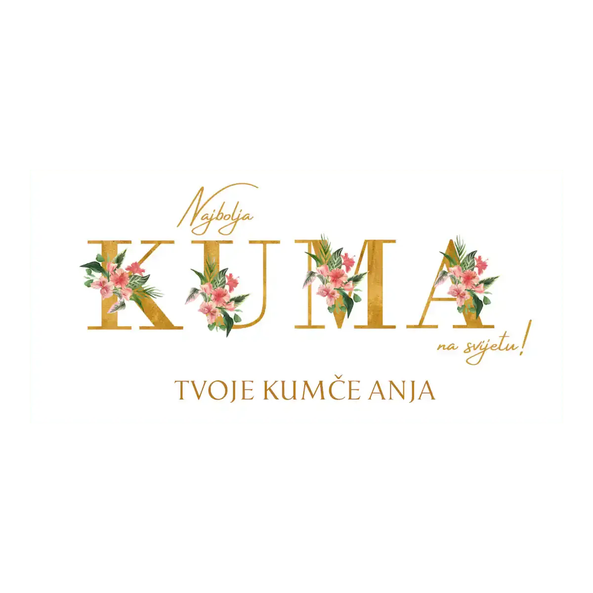 Elegantna šalica za kumu s personaliziranom porukom i cvjetnim detaljima – uspomena koja se čuva s ljubavlju.
