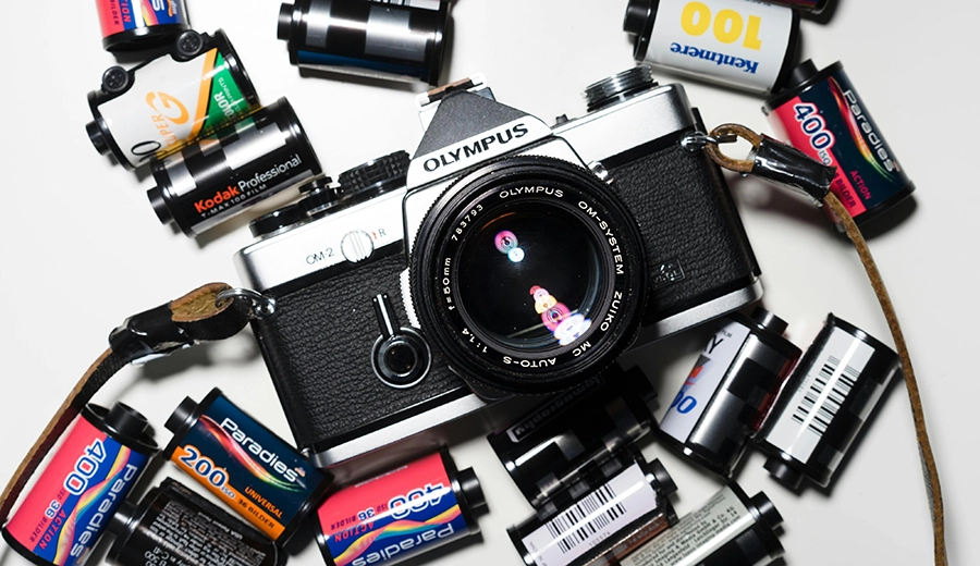 Film camera with assorted rolls of film