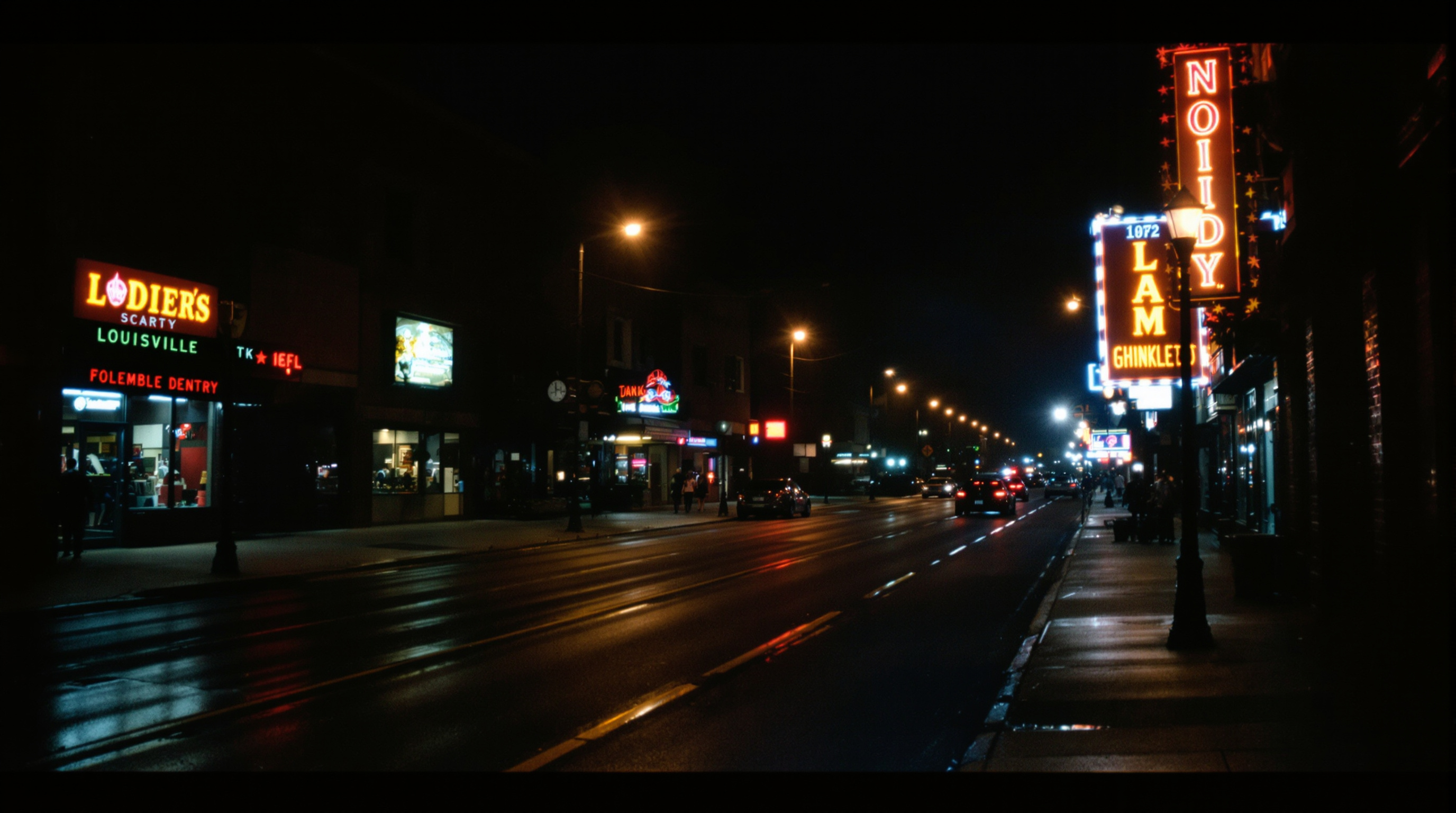 Louisville Kentucky street at night with neon signs reflecting on wet pavement under warm streetlights