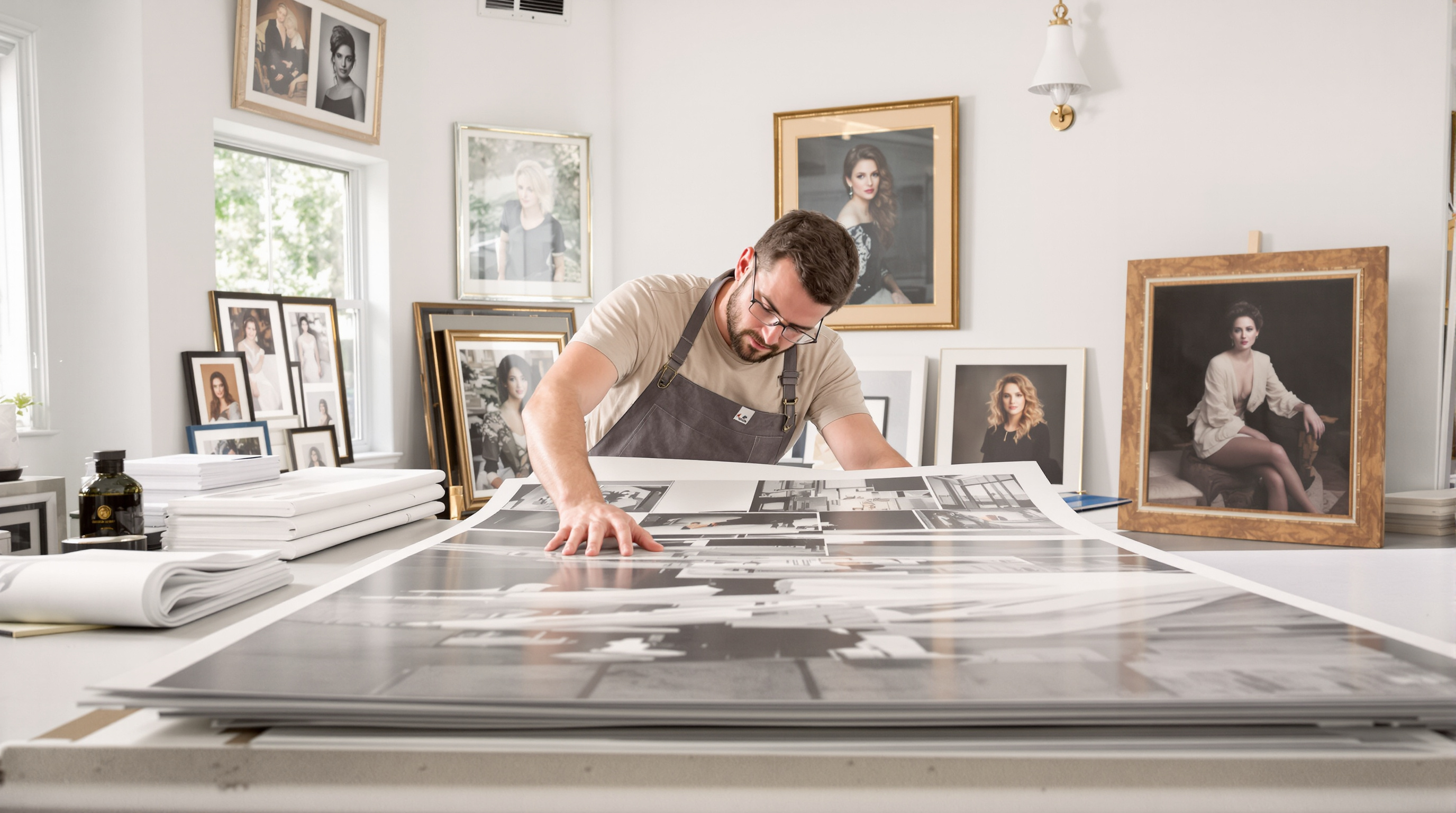 A professional photographer in a fine art printing studio in Louisville carefully examining a large format museum-grade photo print on textured cotton rag paper, with various archival papers and framed heirloom portraits visible in the elegant workroom bat