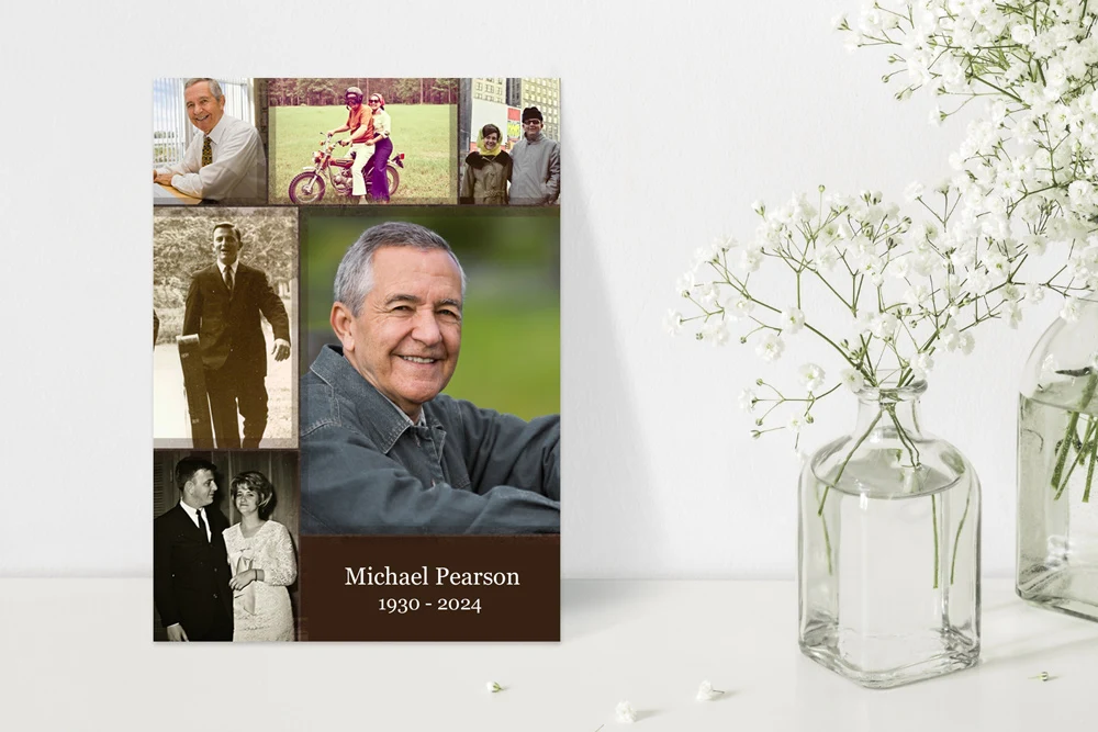 Memorial program featuring a collage of photos celebrating a mans life