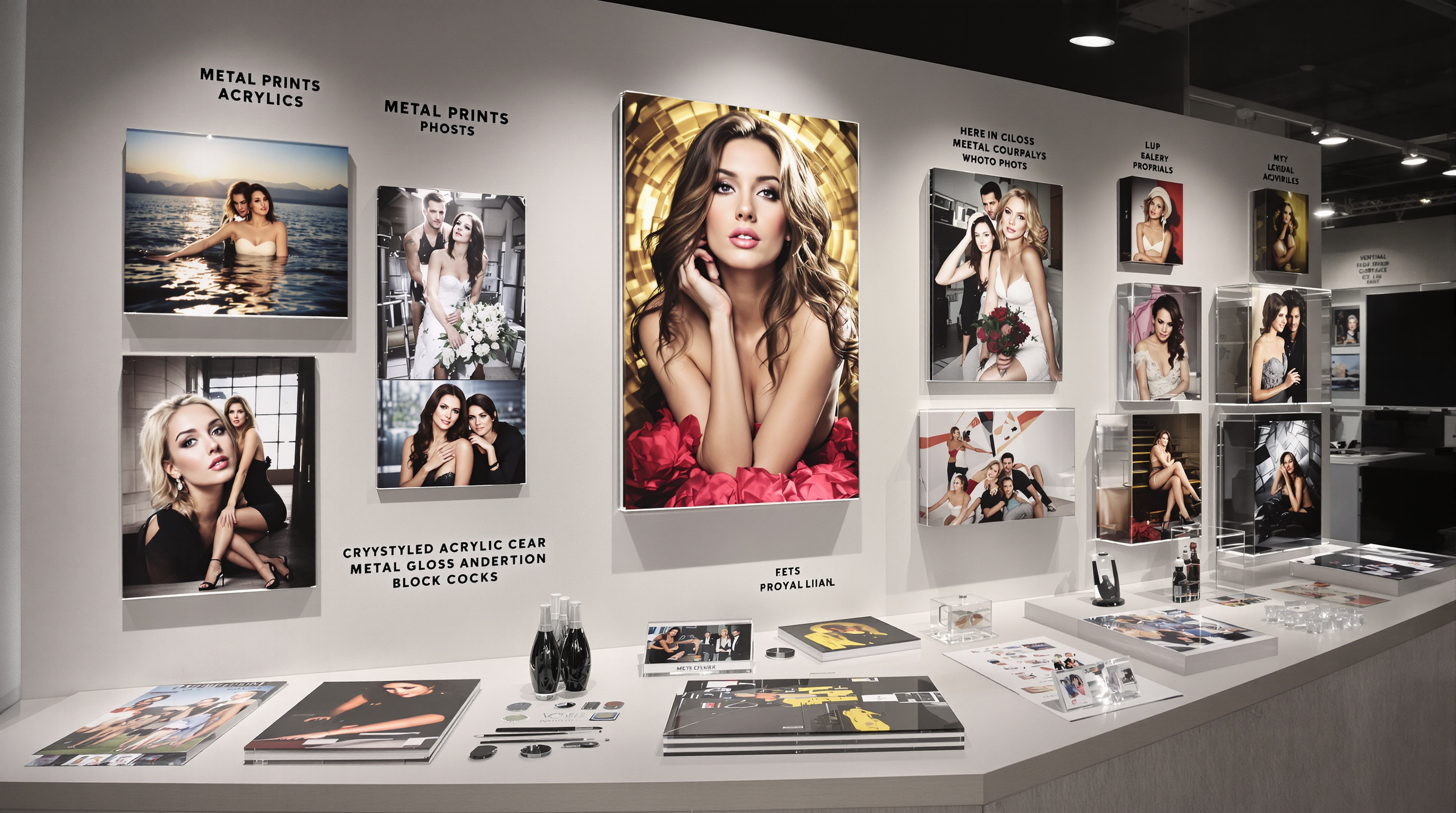 Professional photography studio display featuring elegant metal prints, crystal-clear acrylic photo blocks, and high-gloss portraiture with dramatic lighting. Modern gallery-style presentation with luxury photography products arranged as statement wall art