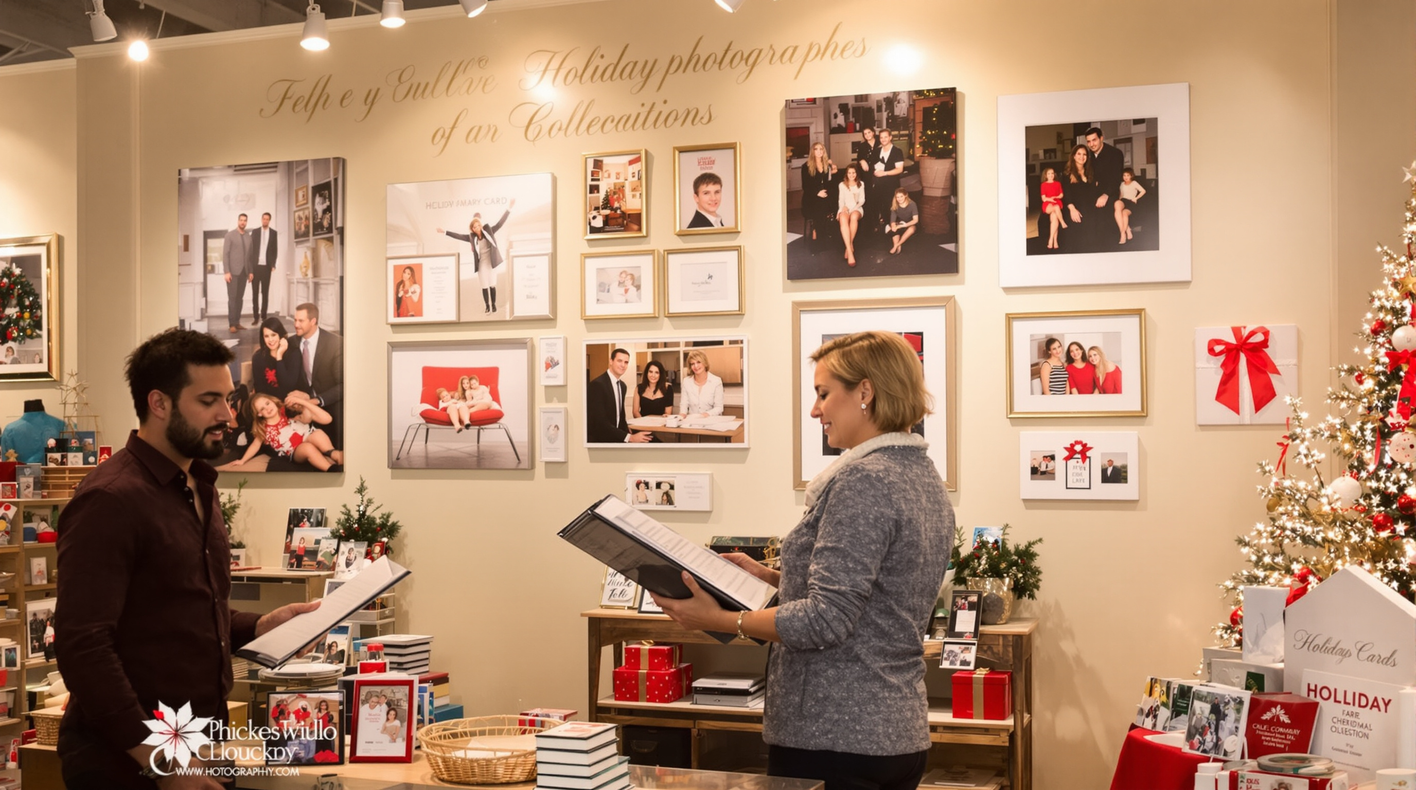Louisville photography studio holiday display with canvas prints, framed portraits, and photo cards near Christmas-decorated set