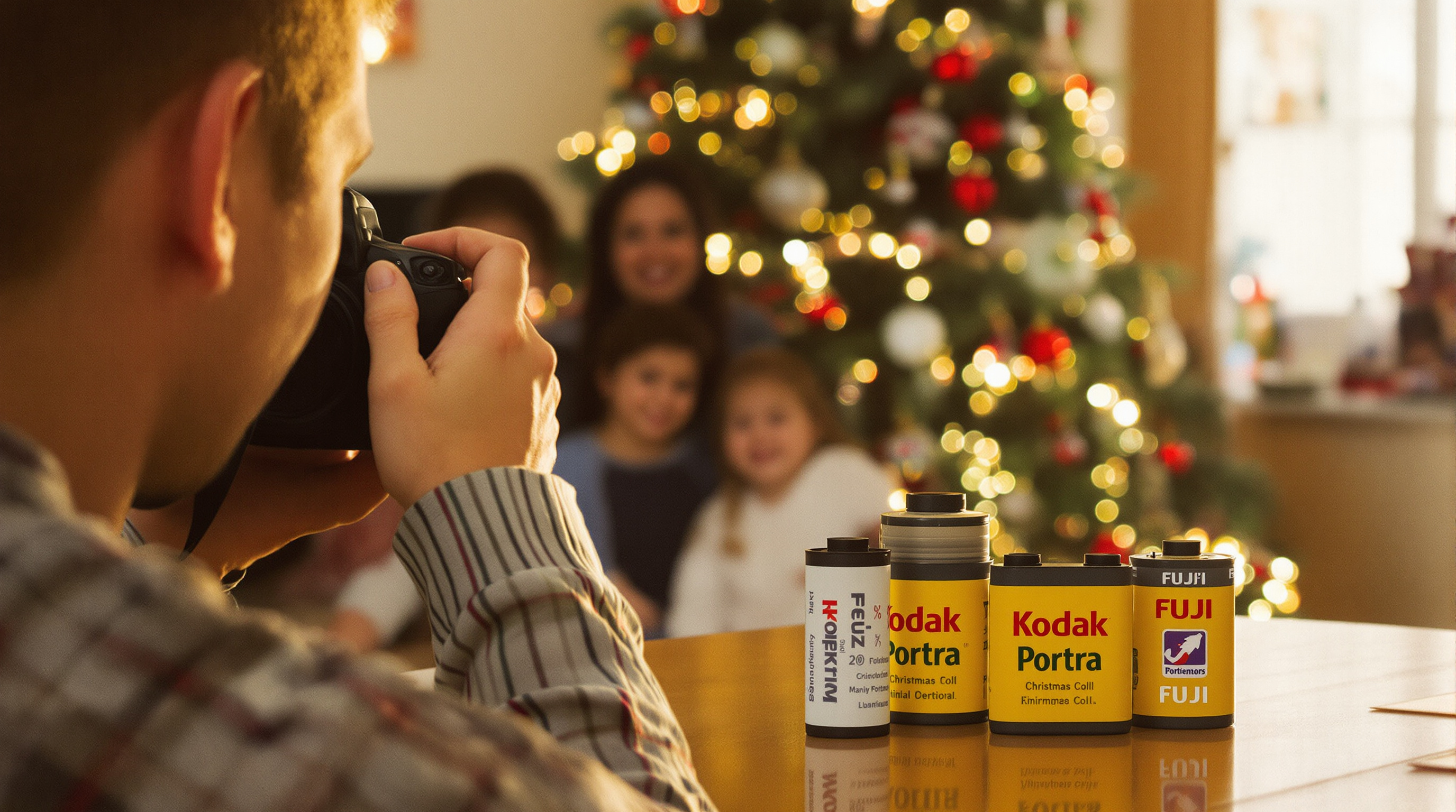 A photographer capturing a joyful family holiday moment in warm, golden light. Rolls of Kodak Portra and Fuji film visible nearby, with a festive decorated tree in the background. The family has natural, glowing skin tones with the nostalgic film aesthetic