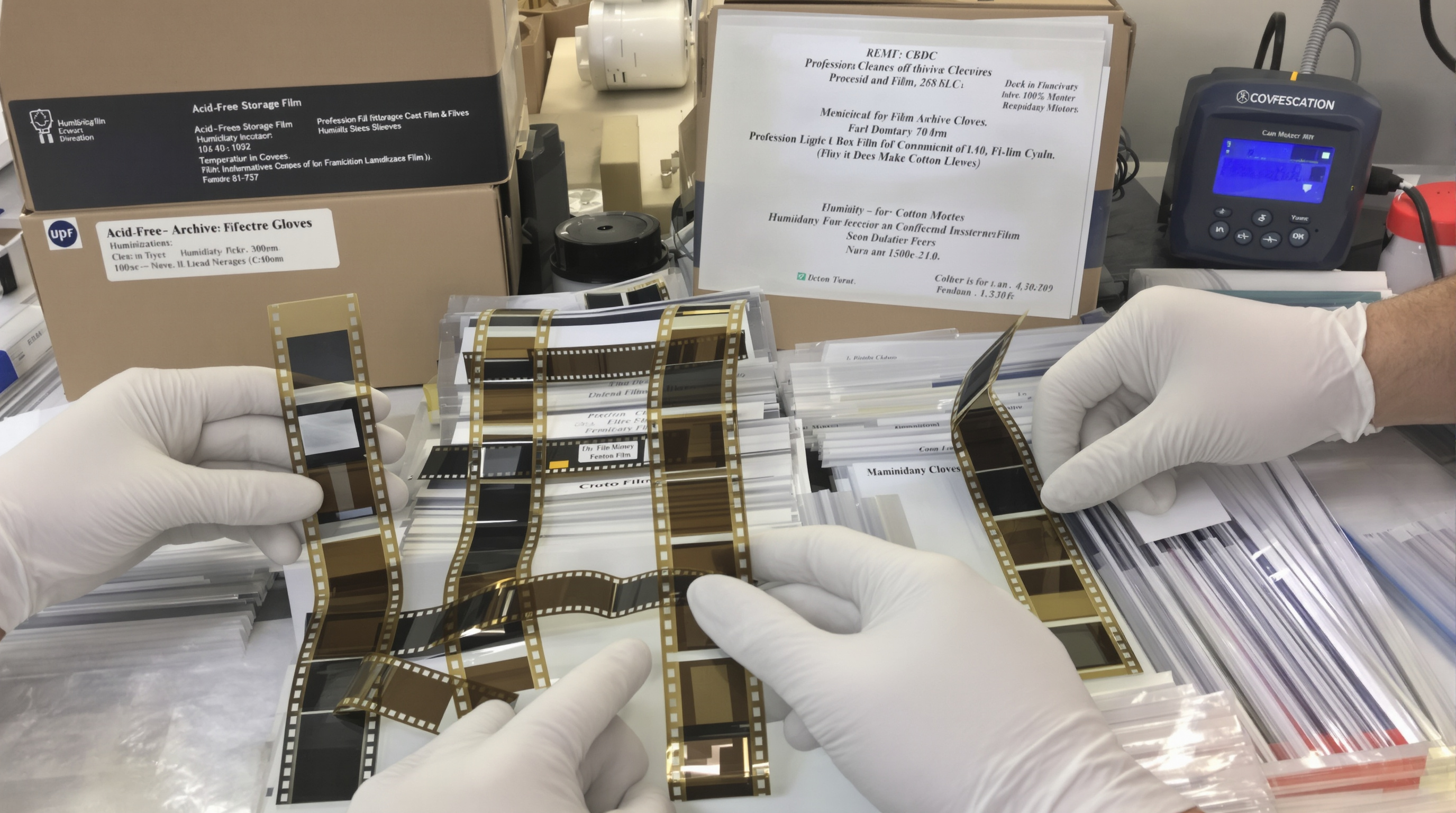 A well-organized archival storage setup for film preservation with acid-free storage boxes, professional archival sleeves, cotton gloves, humidity monitor, and temperature control system. Several film negative strips visible being properly handled with glo
