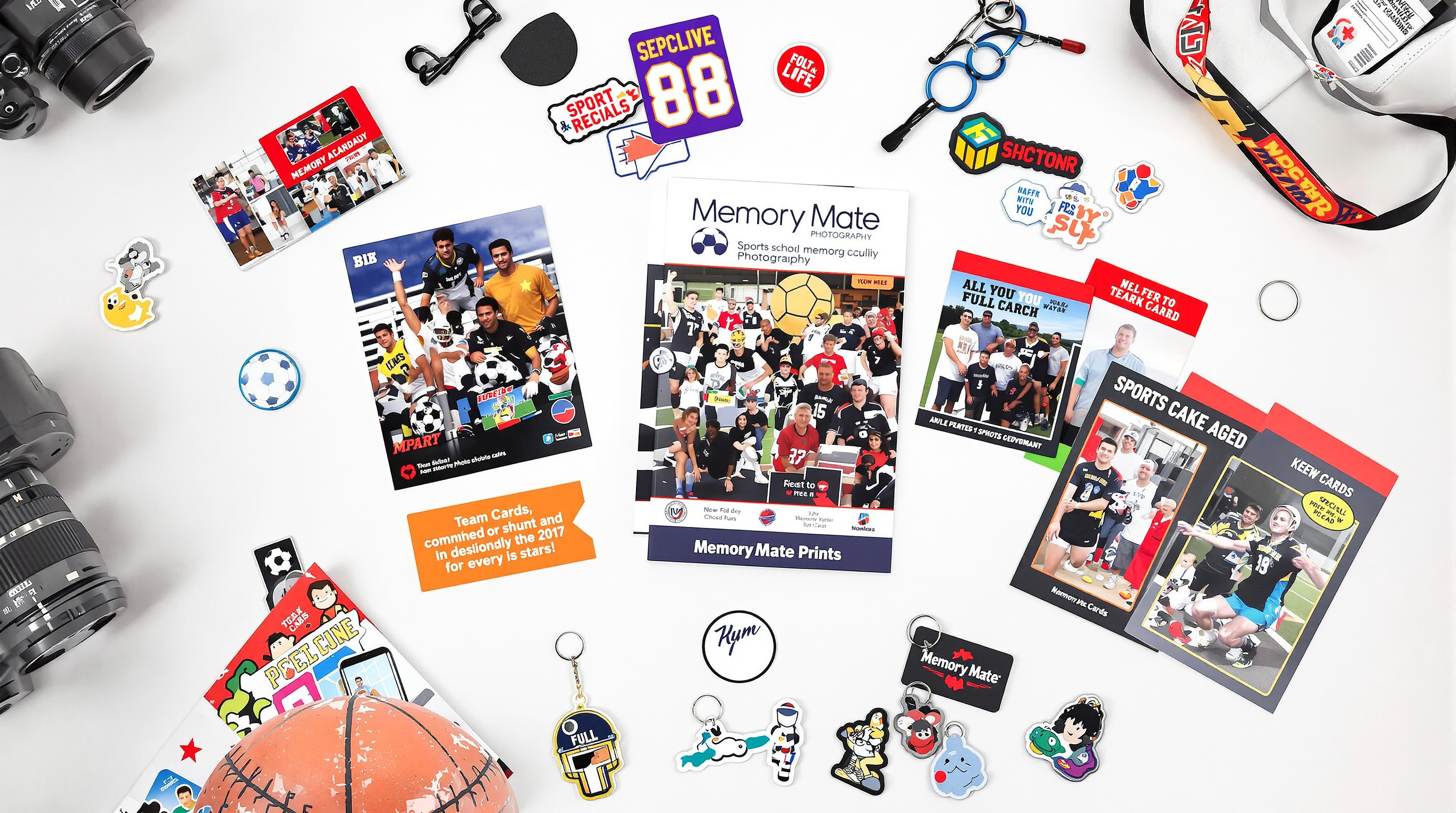 Colorful sports and school photography products including memory mates, photo magnets, team cards, and keychains flat lay on white surface