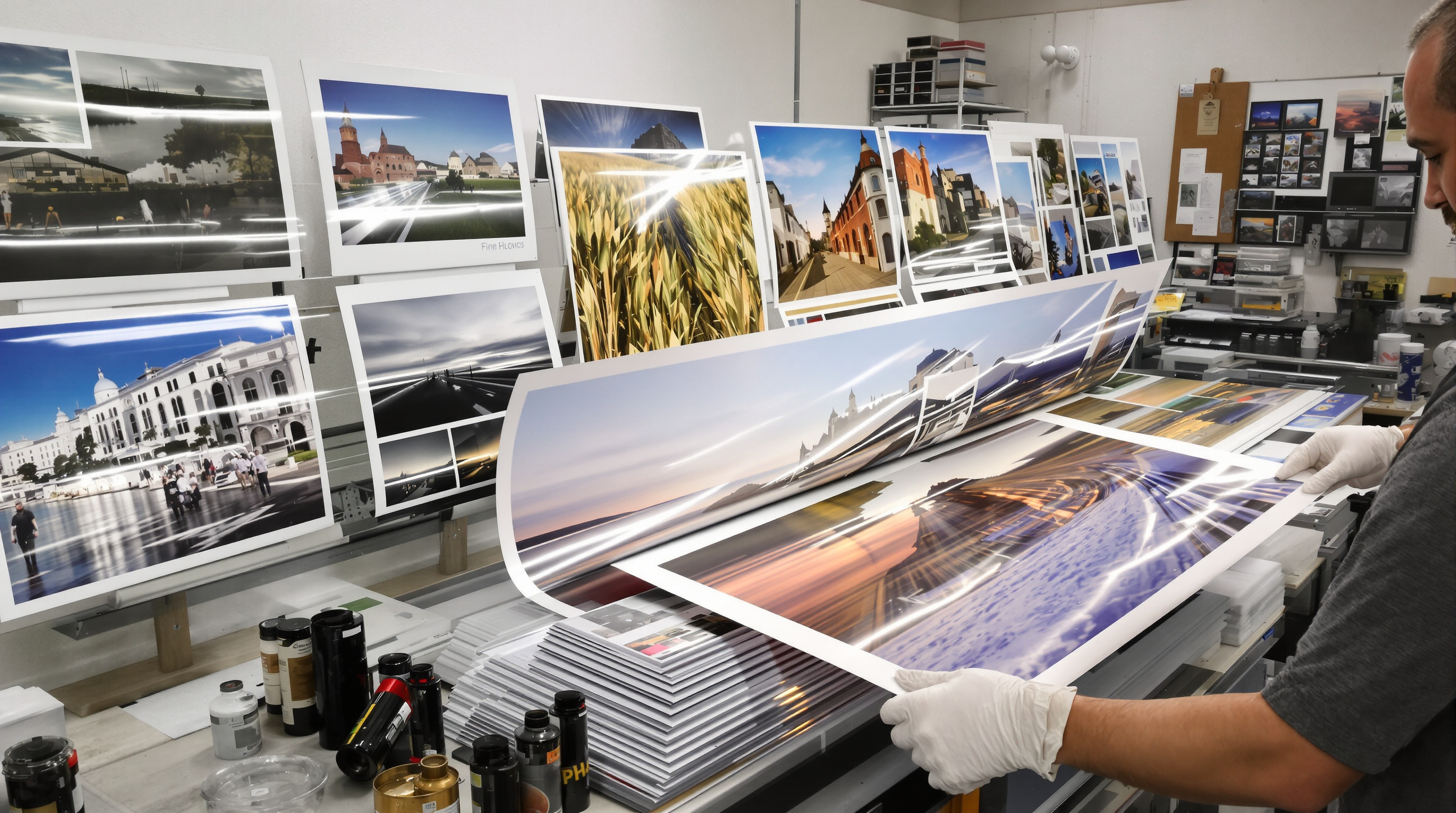 A professional photography studio with various film prints displayed side-by-side showing glossy, luster, metallic and fine art papers under soft gallery lighting. A photographer wearing white cotton gloves carefully handles a large panoramic film print, w
