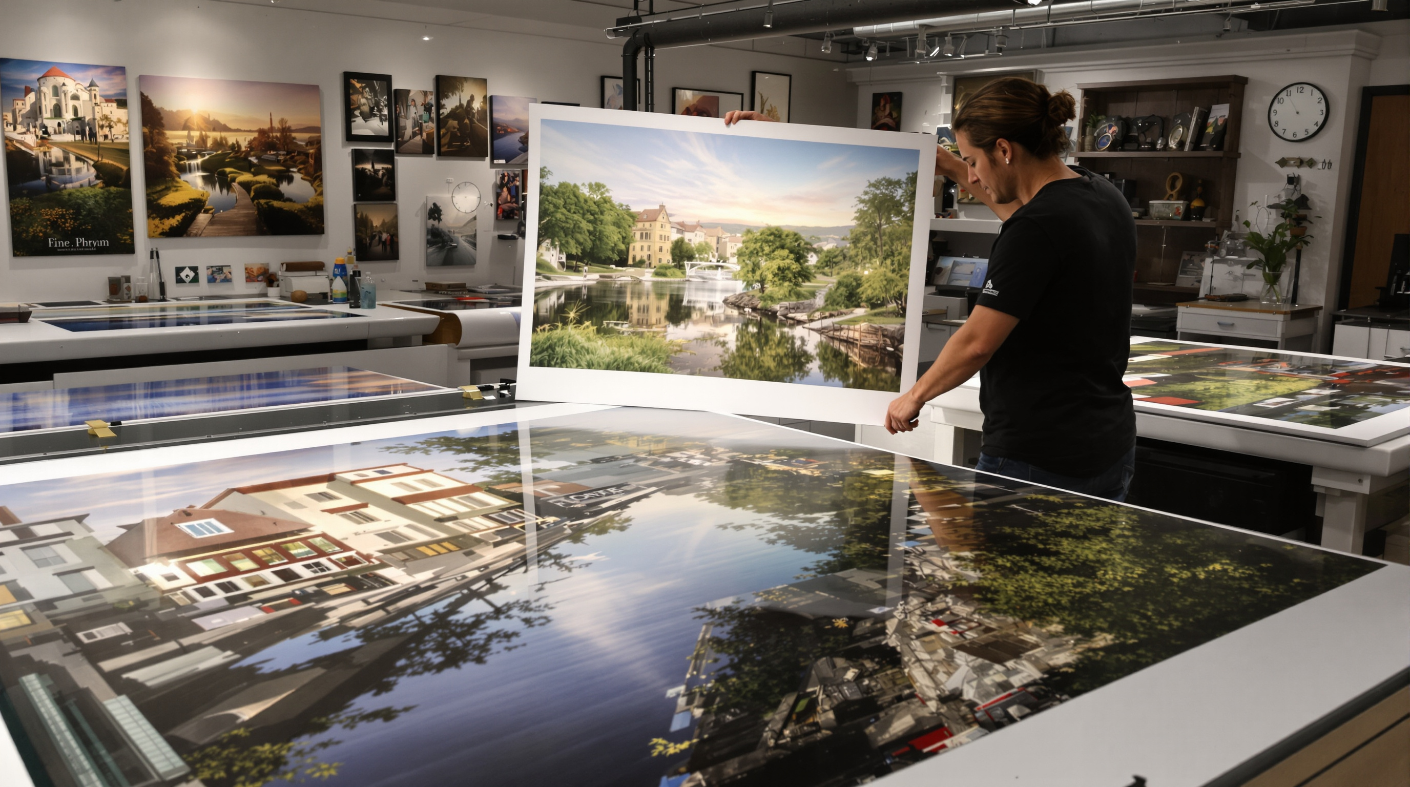 A professional fine art print studio in Louisville, showing large-format giclee prints drying on premium art paper, with a photographer reviewing gallery-quality photo enlargements on a light table, warm studio lighting, ultra-realistic photographic style