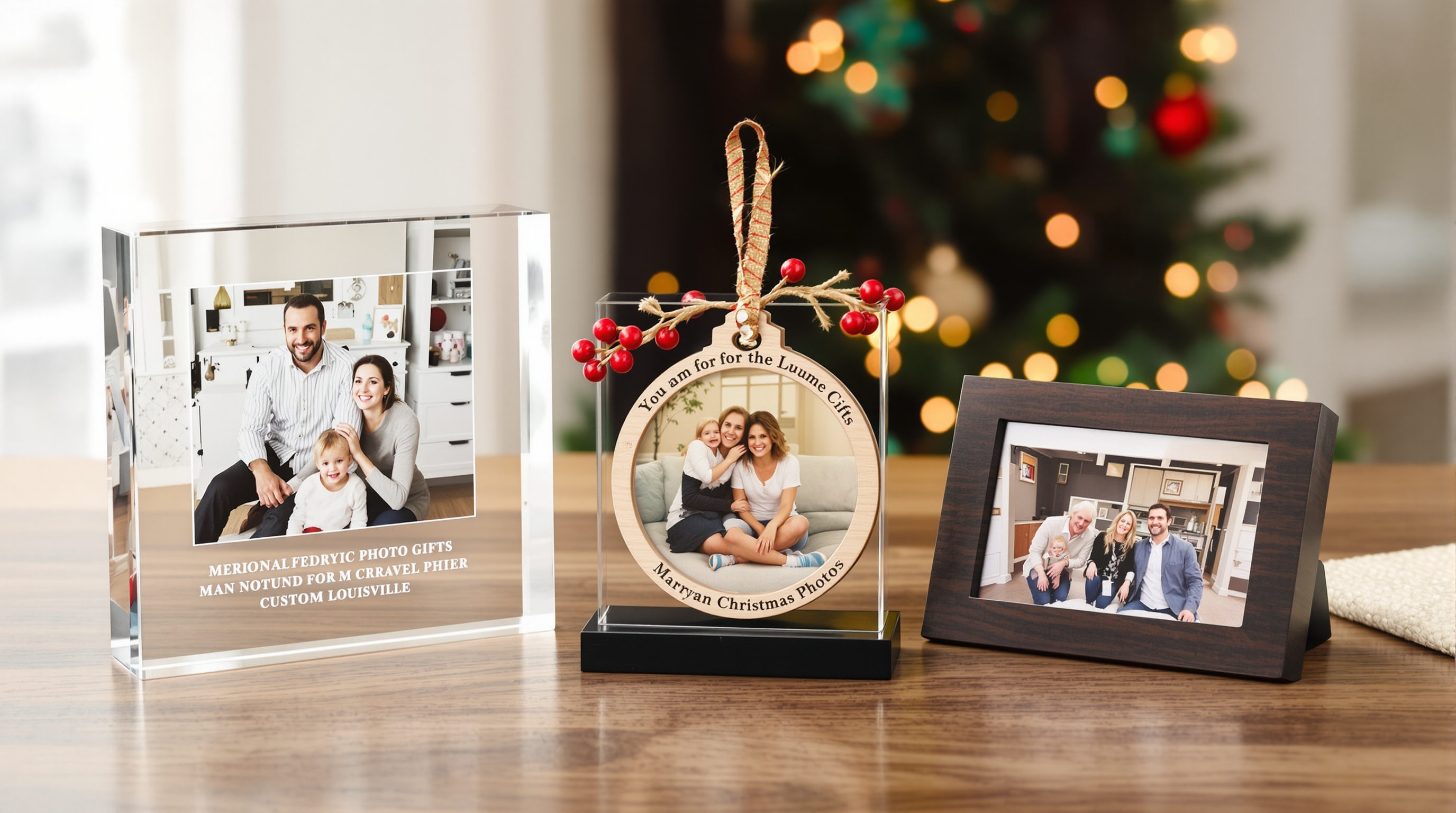 A professional lifestyle photograph showing an elegant arrangement of personalized photo gifts including a crystal-clear acrylic photo block, a wooden custom ornament with a family photo, and a sophisticated desk photo gift on a wooden surface with soft ho