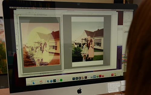 Before and after scratch removal on a restored photo print at Linhoff Photo in St. Louis Park, MN