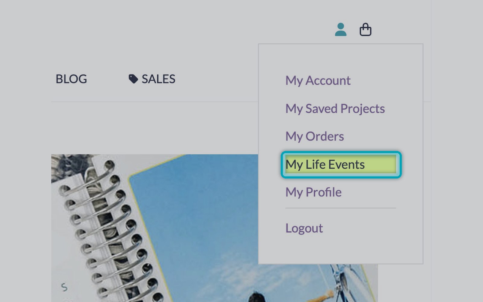 Account menu with My Life Events
