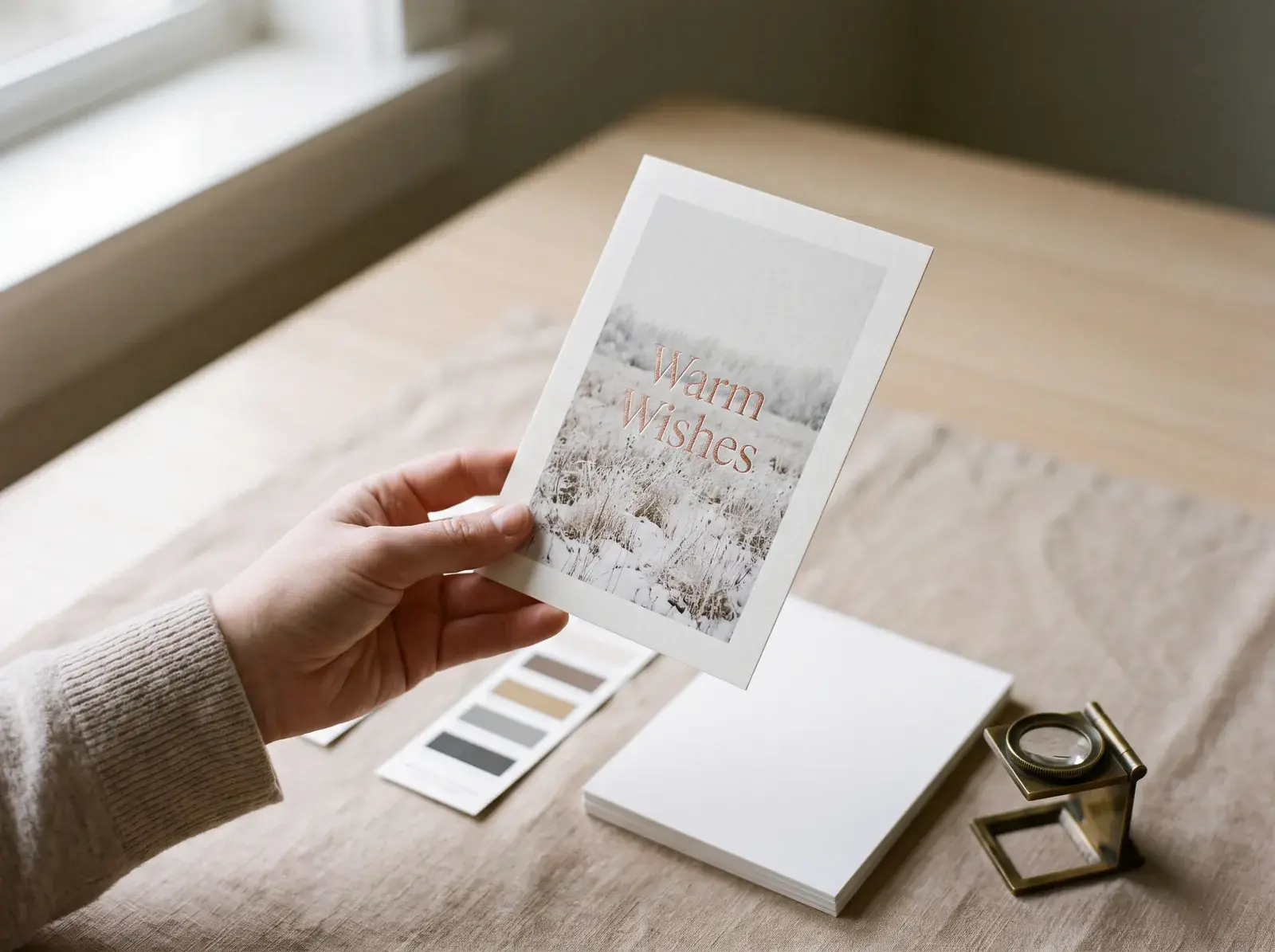 A single proof card held up in window light next to swatches and a loupe