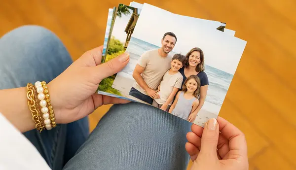 Person holding a stack of printed photos, with the top photo showing a smiling family of four standing together on a beach with the ocean in the background.