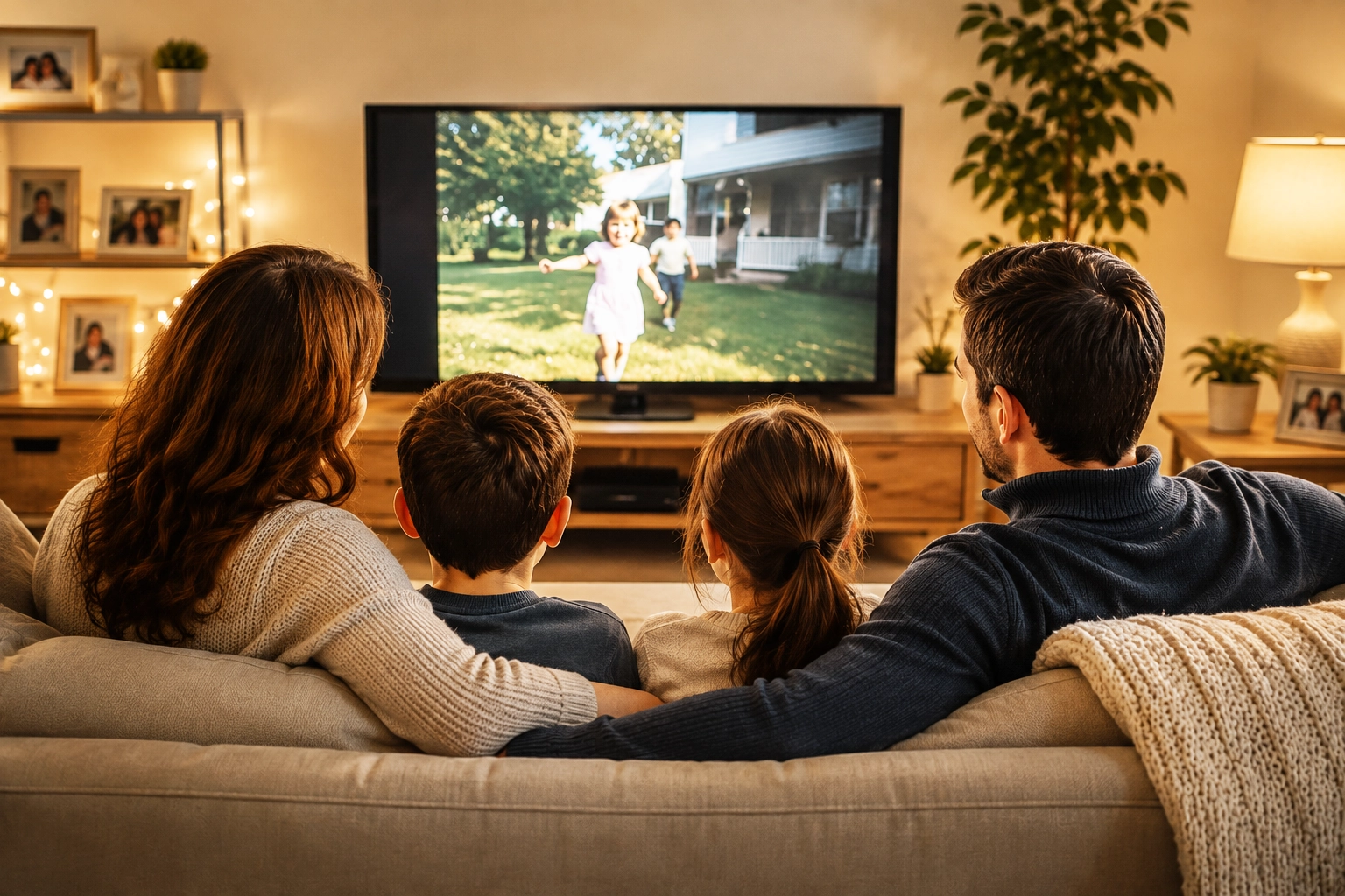 Family watching digitized home movies together