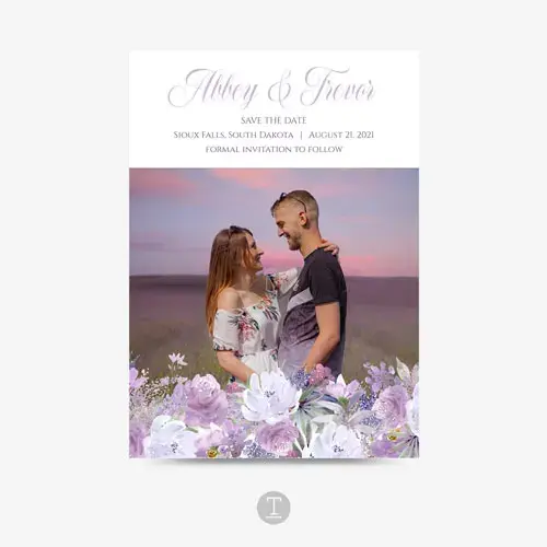 Wedding save the date photo card with purple floral design