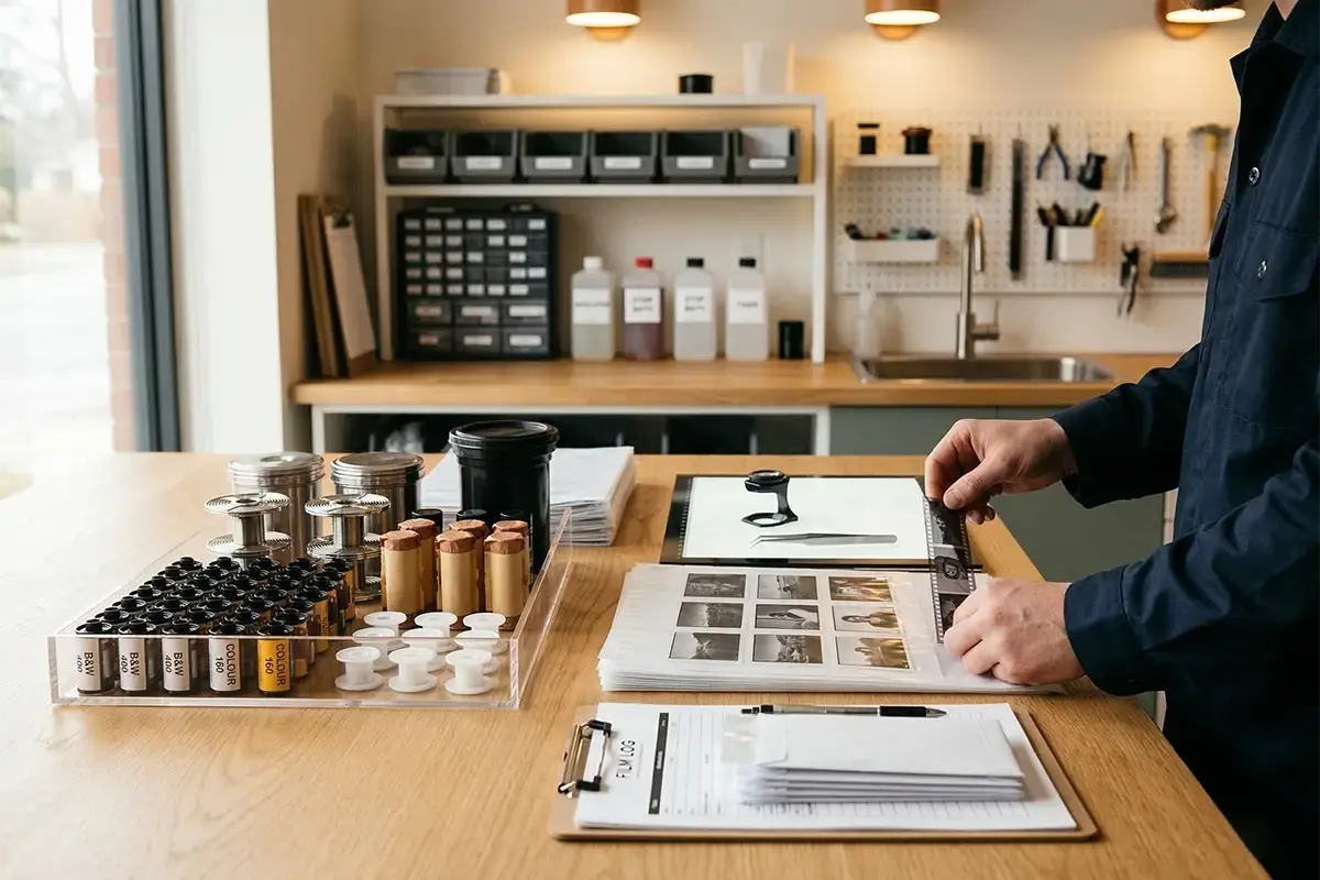 Film developing counter with 35mm and 120 film canisters negatives archival sleeves and a clean professional lab workspace