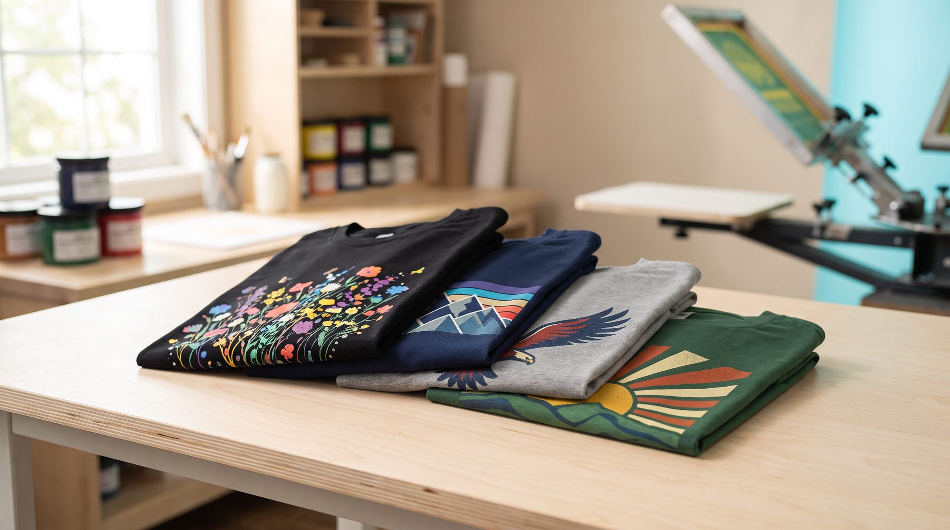 Four folded t-shirts in black, navy, grey and green, each with a vivid full-colour DTF print