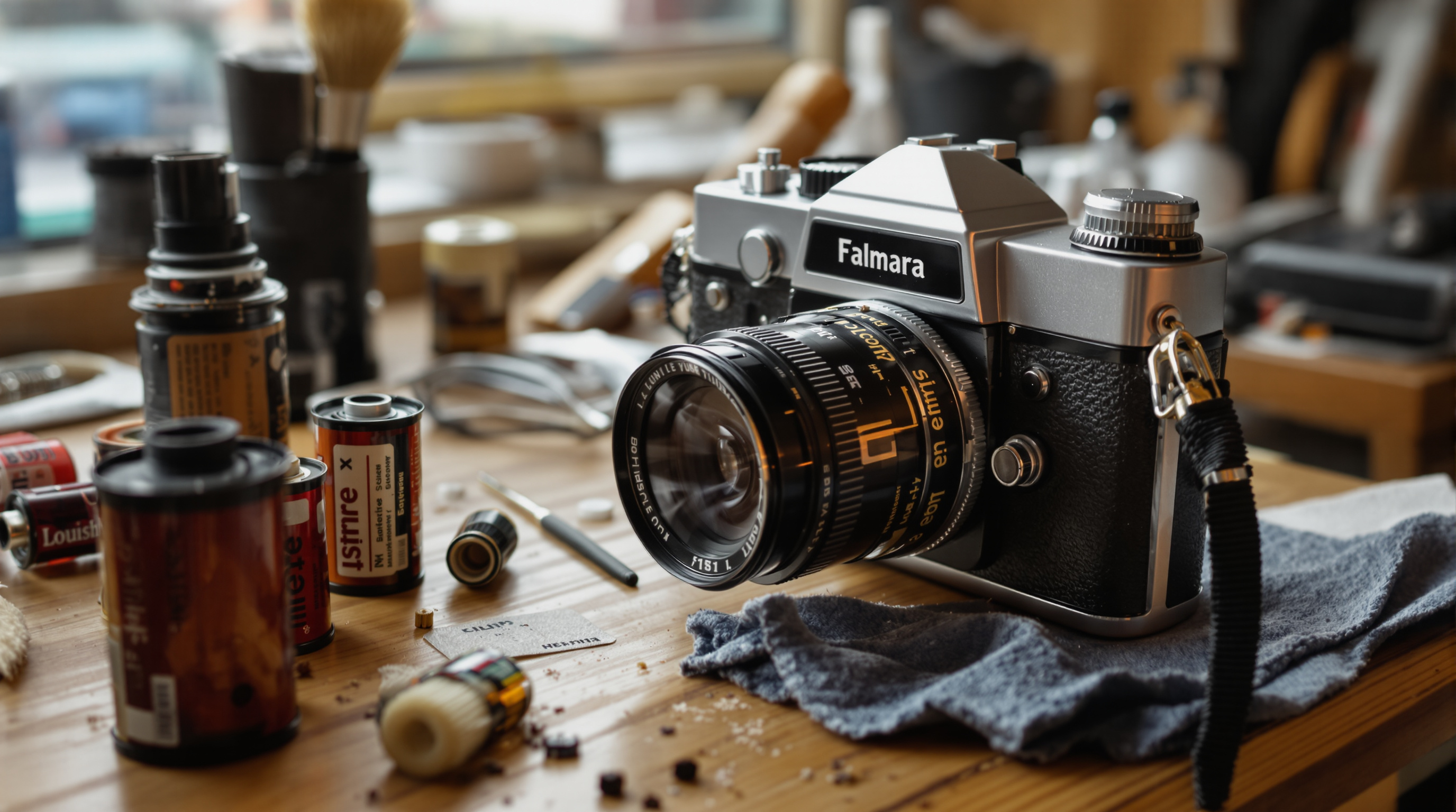 Vintage 35mm film camera being cleaned on wooden workbench with tools, blower brush, lens cloth, and film rolls nearby