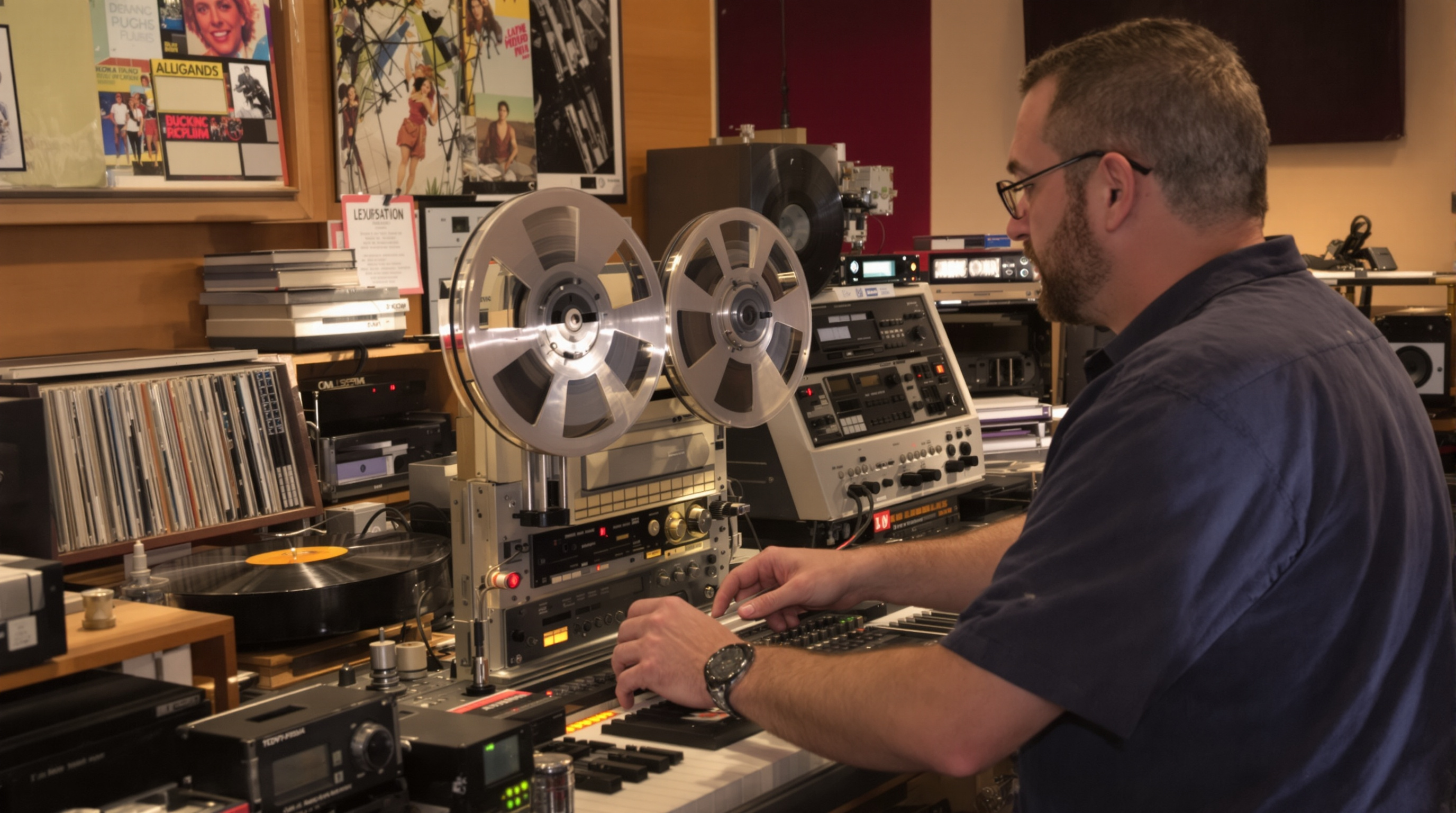Professional audio technician in Louisville carefully transferring a vintage reel-to-reel tape to digital format, with vinyl records, cassette tapes, and modern equipment visible in a warm, well-lit studio setting