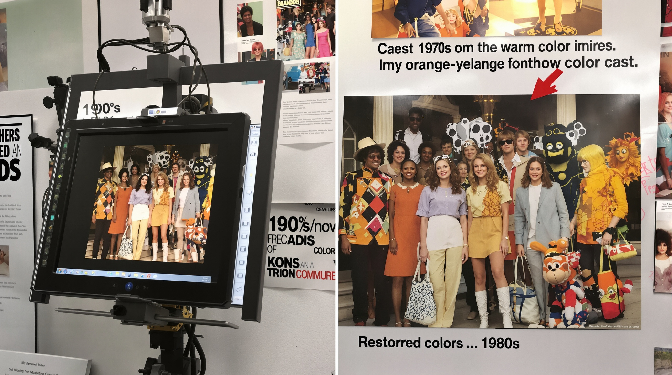 A professionally lit photograph showing a vintage photograph from the 1970s with its characteristic warm orange-yellow color cast being carefully digitized using modern equipment. The vintage photo should show people wearing authentic 1970s fashion. Next t