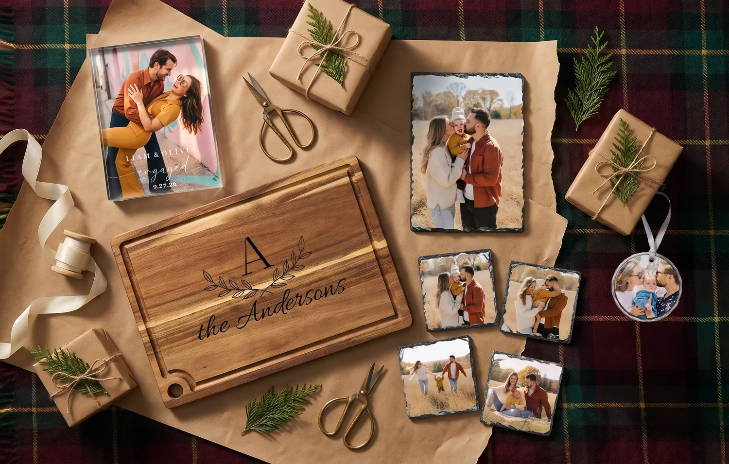 Photo gifts on a tartan blanket, ready to wrap