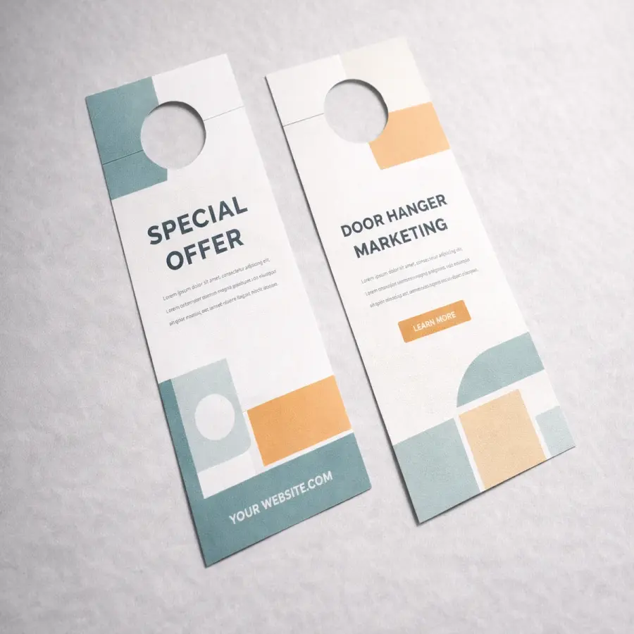 Branded door hangers arranged in a product photography setup