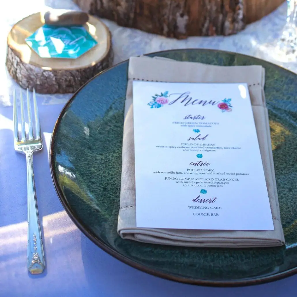 Wedding table setting with printed menu