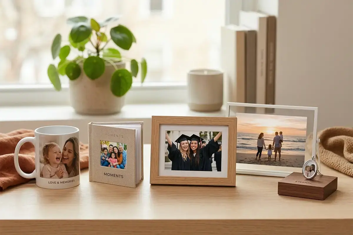 Photo gifts such as mugs, desk prints, mini books, and small framed prints arranged in a clean modern setting